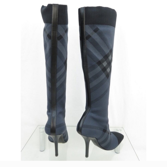 $1000 BURBERRY DOLMAN NAVY GRAY KNITTED CHECK KNEE HIGH HEEL SOCK BOOTS 38 - Picture 7 of 12